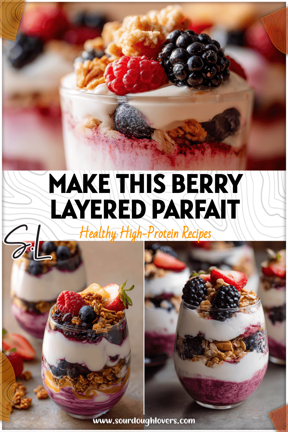 Layered berry Greek yogurt parfait with granola and fruit in glass cups for brunch.